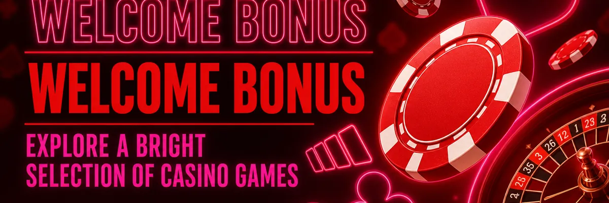 Wide dark casino banner with red and pink neon chips, roulette wheel, heart and club symbols, welcome bonus headline area on the left and glowing casino graphics on the right