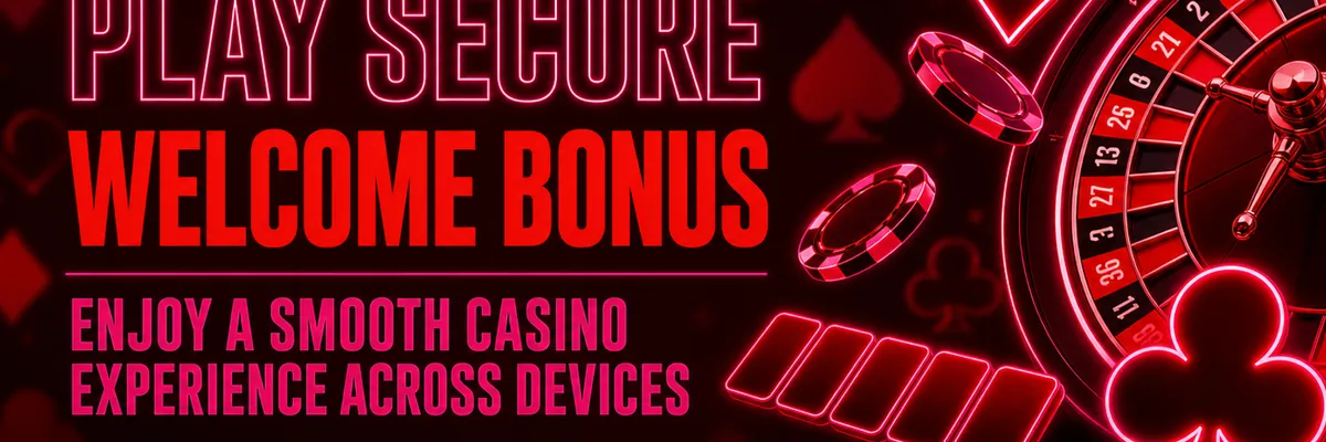 Wide dark casino banner with neon red and pink casino symbols, tilted chips, cropped roulette wheel and softly blurred card suits framing a secure online casino message